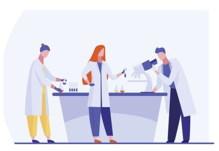 Imagen animada de laboratoristas analisando muestras